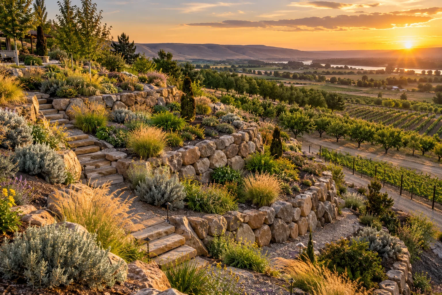 Terraced boulder retaining walls on rural acreage with orchards near Caldwell, Idaho