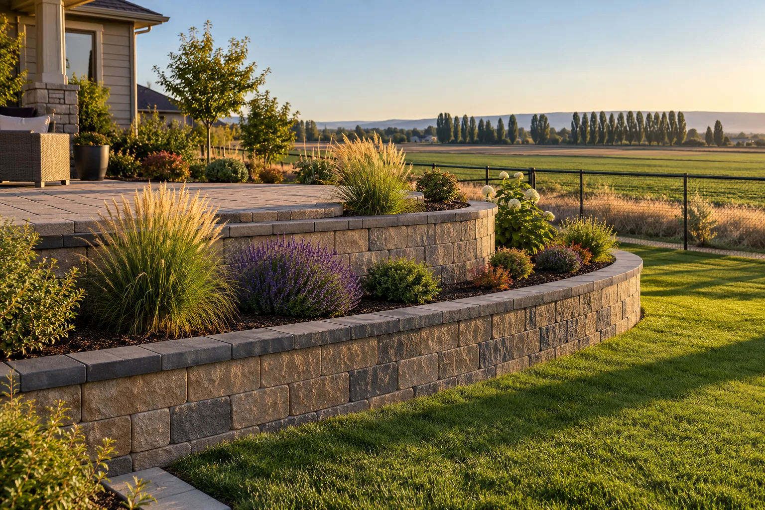 Two-tier block retaining wall with planting beds in a backyard in Caldwell, Idaho