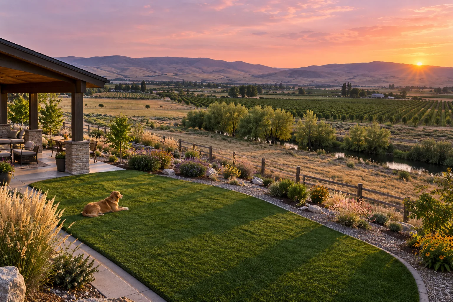 Wide view of an artificial turf lawn on rural acreage near Caldwell, Idaho with pasture and orchards beyond
