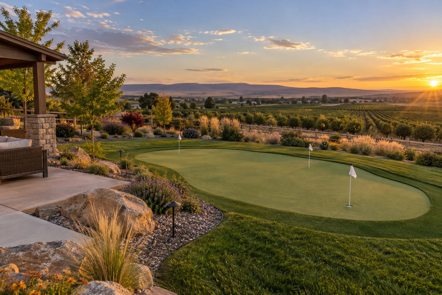 Wide backyard putting green with fringe and patio on acreage toward Sunnyslope in Caldwell, Idaho