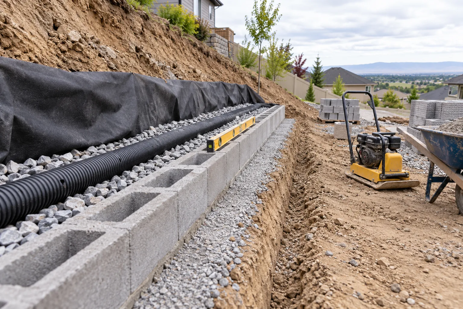 Retaining wall footing with gravel base, drain rock, and perforated drain pipe in Caldwell, Idaho
