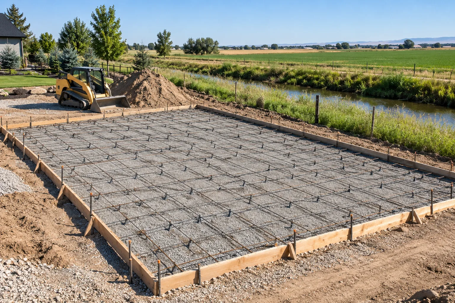 Sport court under construction with compacted gravel base and rebar on a rural lot in Caldwell, Idaho
