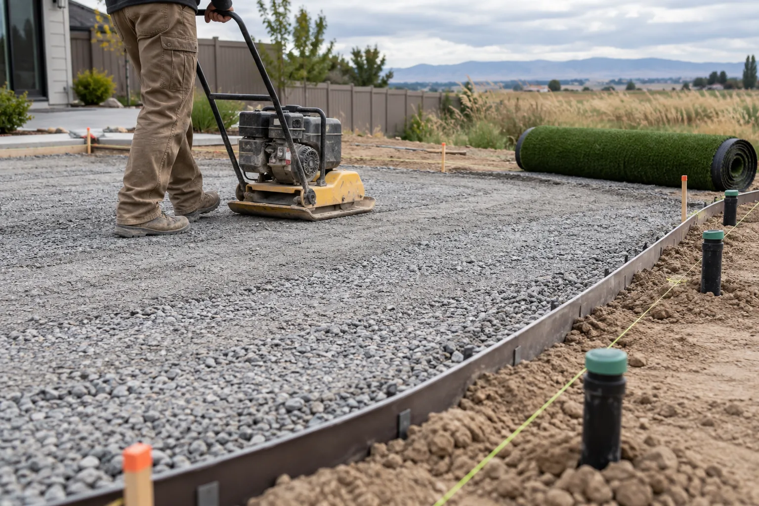 Compacted aggregate base and edging being installed for artificial turf over silty soil in Caldwell, Idaho