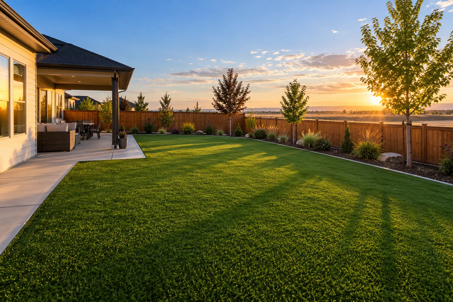Finished artificial turf backyard with crisp edging beside a patio in a Caldwell, Idaho subdivision