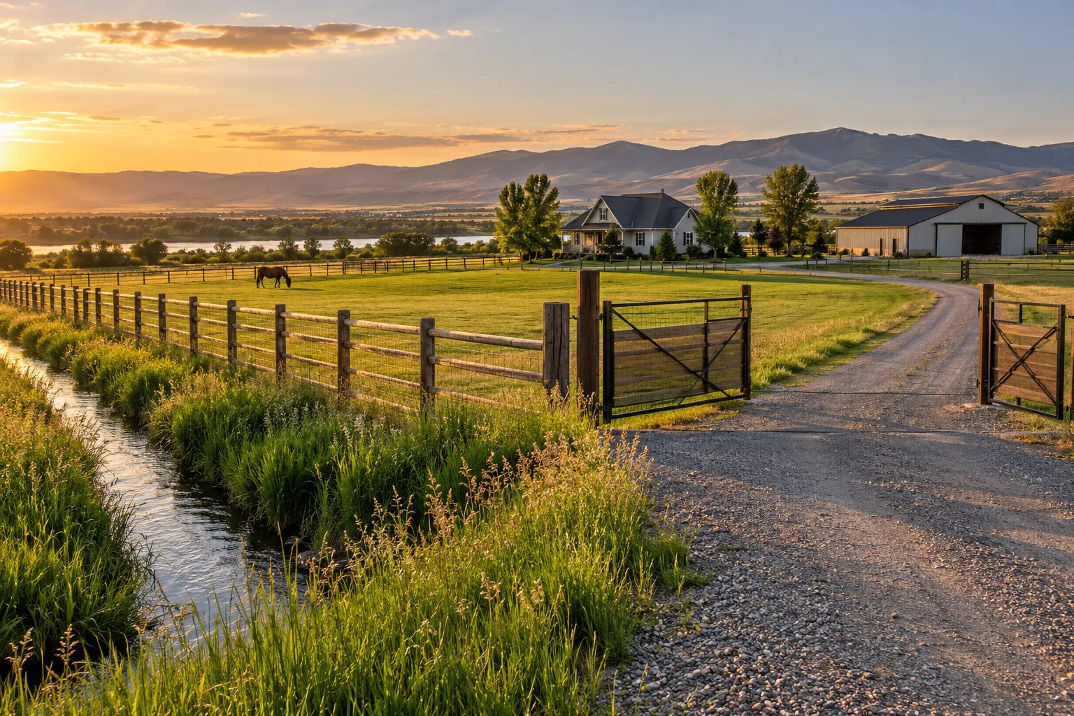 Acreage perimeter fence and wide RV gate in Star, Idaho beside an irrigation ditch and horse pasture