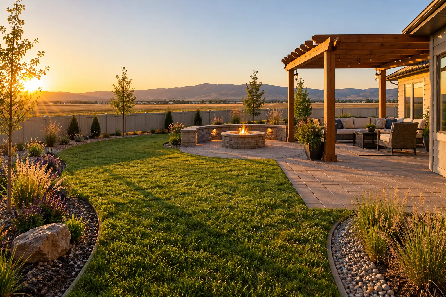 Finished backyard renovation in Star, Idaho with paver patio, pergola, fire pit, and new lawn on an open lot