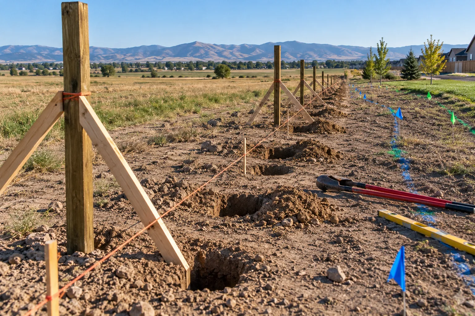 Fence post layout in Star, Idaho: staked string line, post holes, and flagged irrigation lines on an open lot