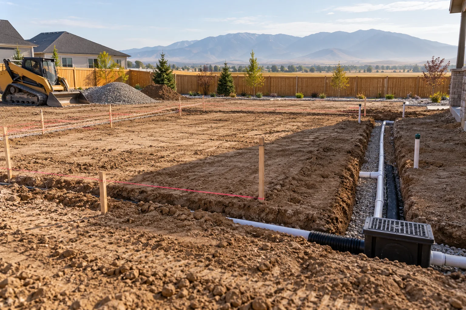 Backyard renovation in progress in Star, Idaho showing graded soil, irrigation trenches, and drainage pipe before hardscape
