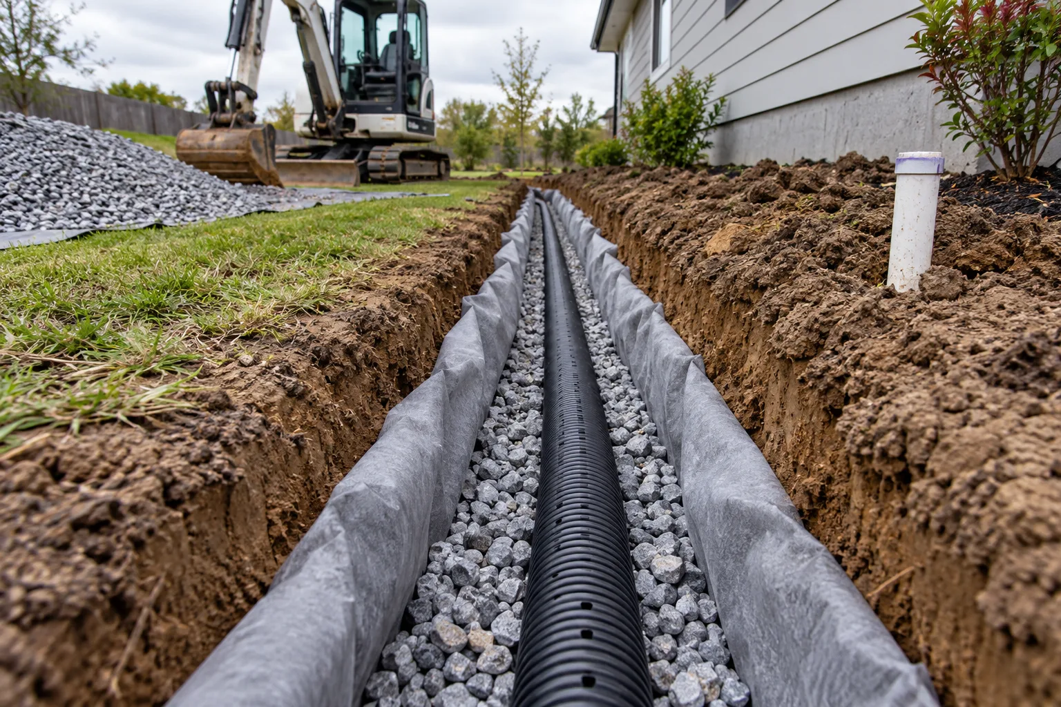 French drain trench with perforated pipe and drain rock being installed in a Star, Idaho yard
