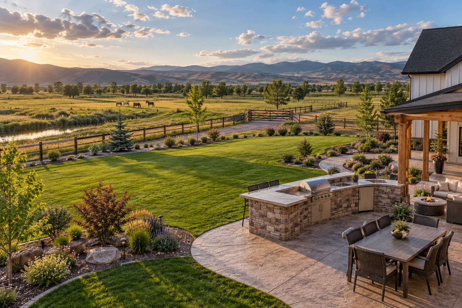Wide view of a completed backyard renovation on acreage in Star, Idaho with outdoor kitchen, lawn, fencing, and pasture