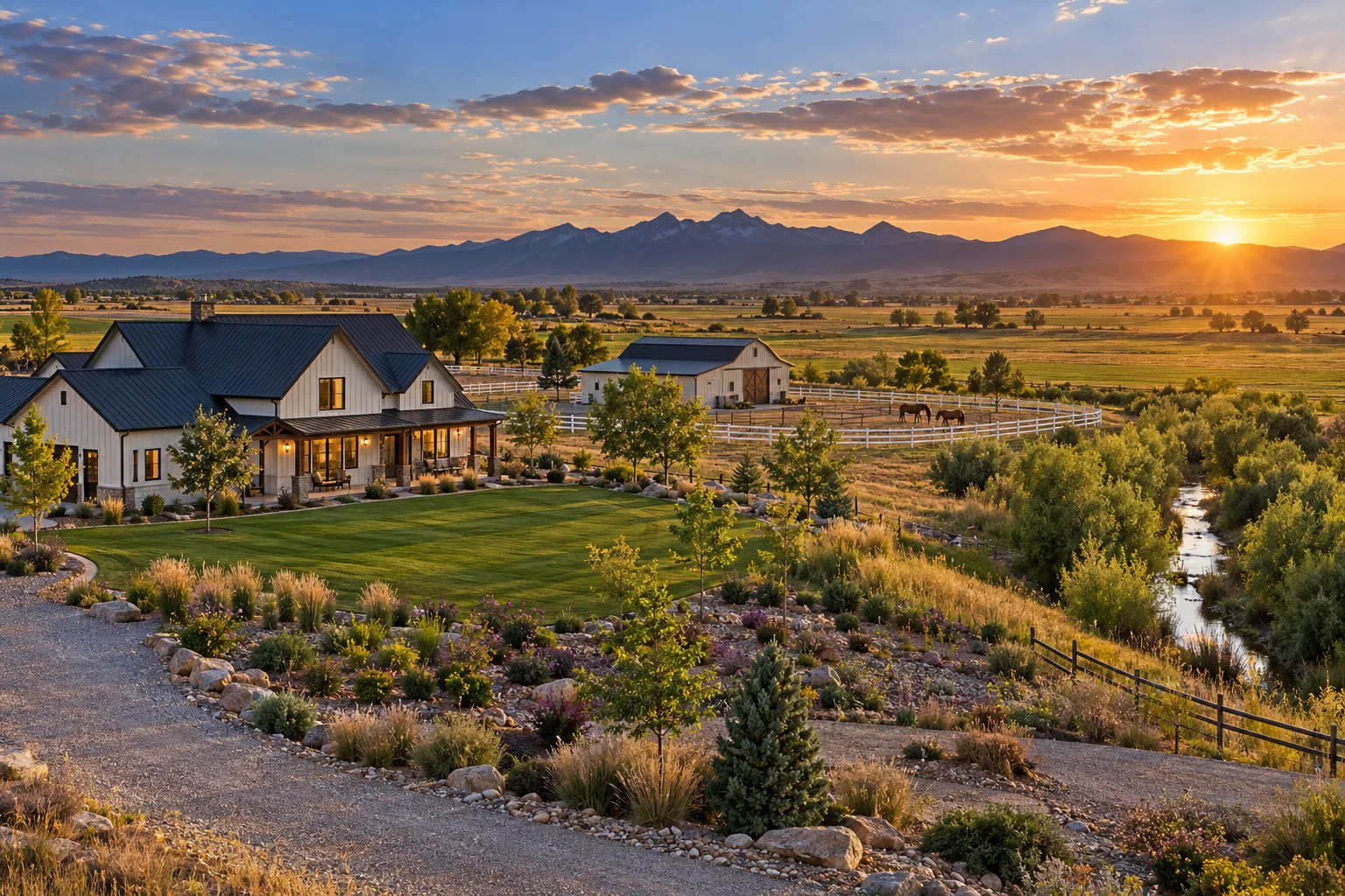 Acreage landscaping in Star, Idaho with a sod lawn near the house, xeriscape rock beds, and open pasture beyond