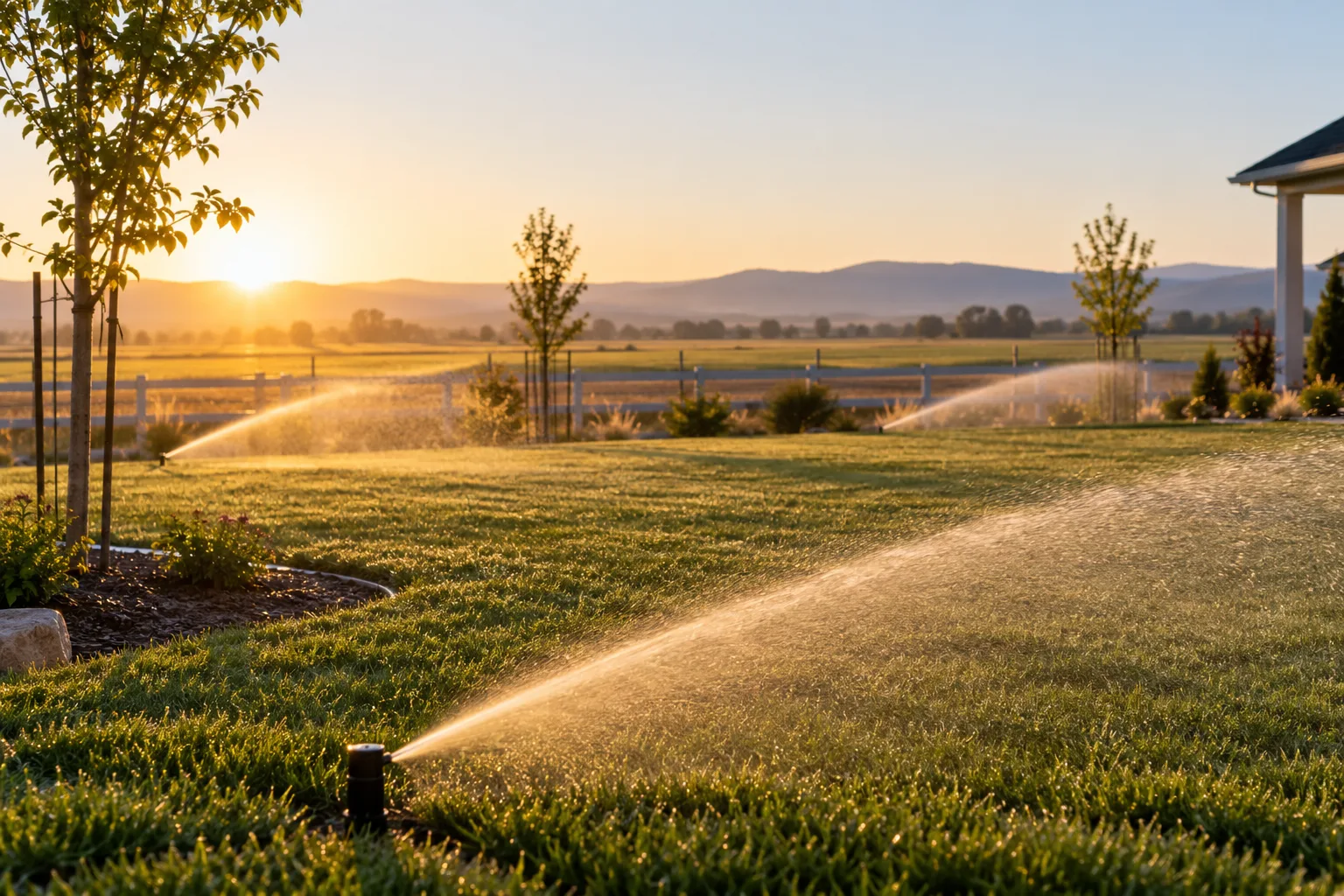 Rotor sprinklers watering a new lawn beside a home in Star, Idaho, with open fields behind