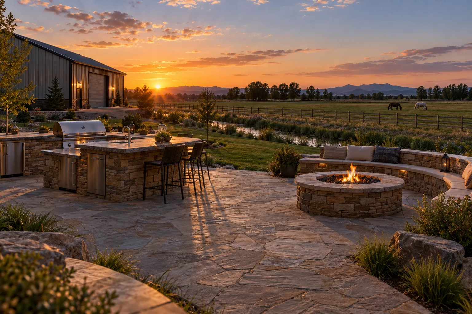 Wide view of an acreage outdoor kitchen and fire pit near a shop building in Star, Idaho