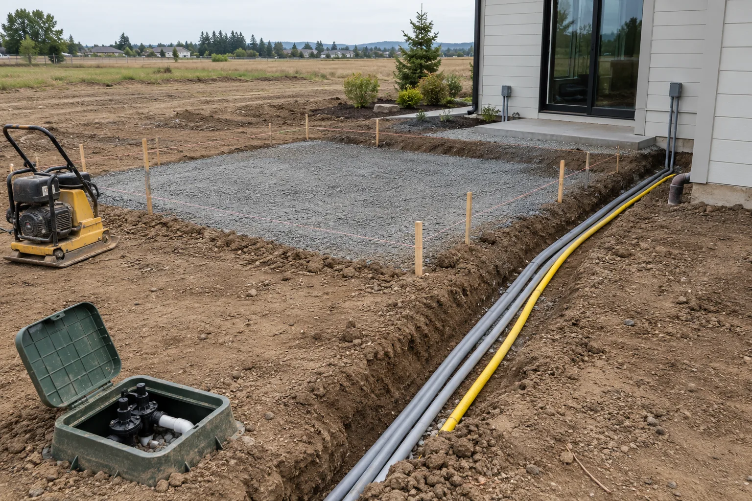 Outdoor kitchen base preparation with compacted gravel and utility conduit trench in Star, Idaho