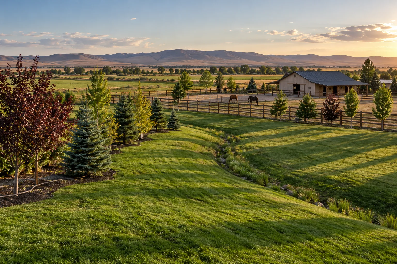 Acreage property in Star, Idaho with a grassy swale, drip-irrigated windbreak trees, and green lawn