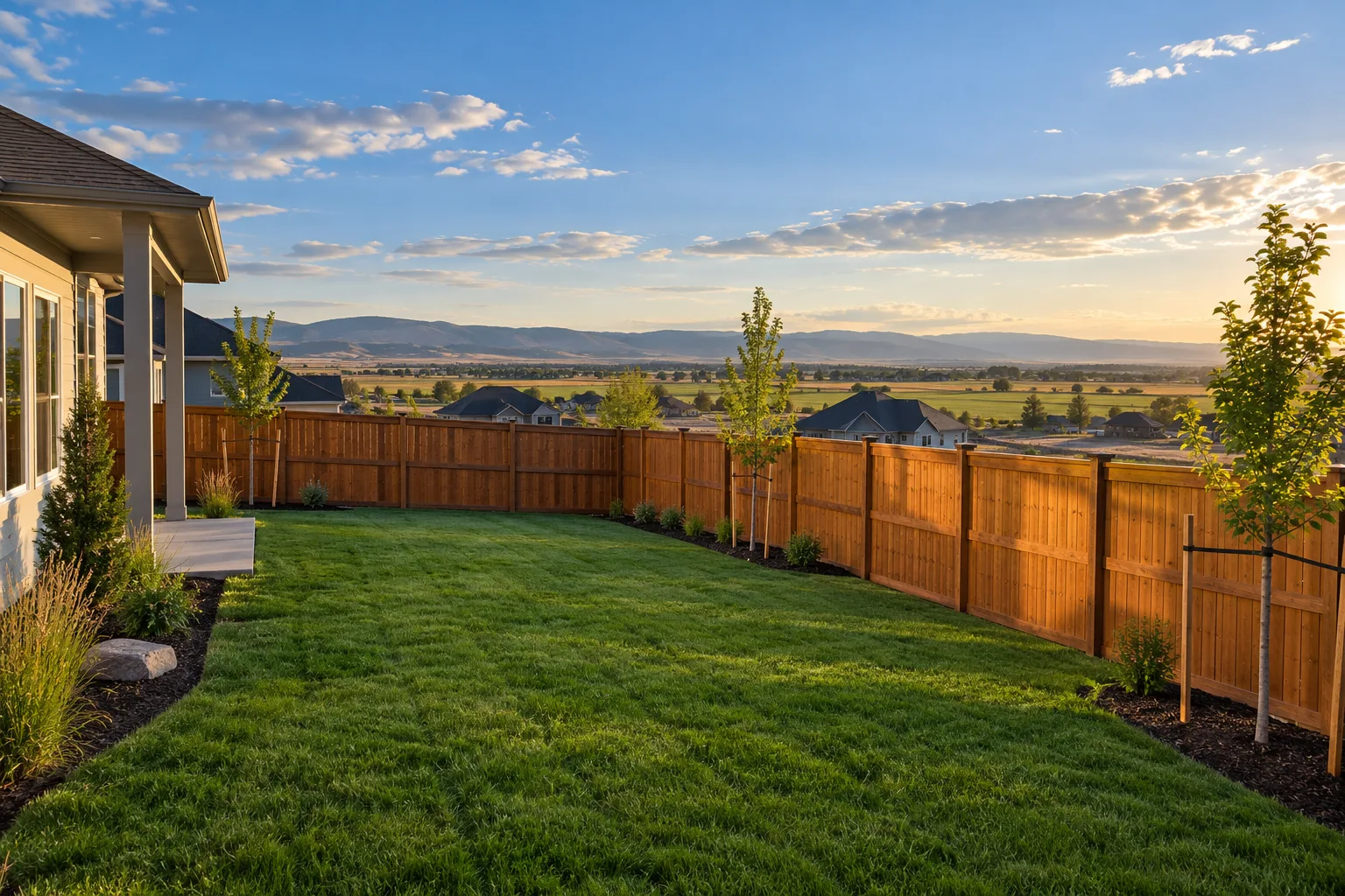 Fence installation in Star, Idaho: tall privacy fence around a new subdivision backyard with a young lawn