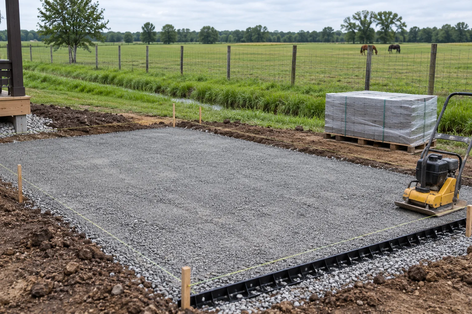 Compacted gravel base and string lines for a paver patio under construction on an acreage property in Star, Idaho