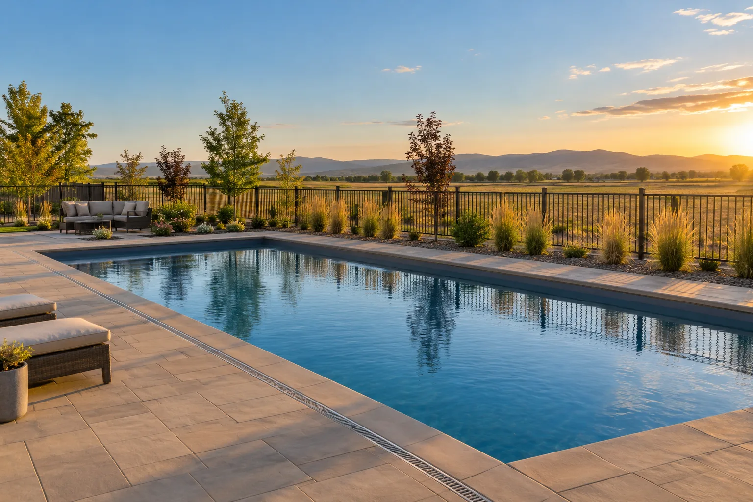 Finished paver pool deck with channel drain and fencing in a Star, Idaho backyard on open, level ground