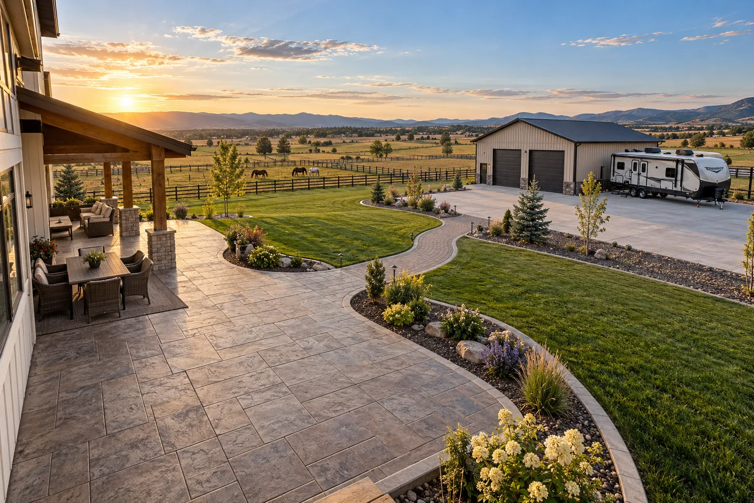 Wide view of a stamped concrete patio, paver walkway, and concrete RV pad on acreage in Star, Idaho