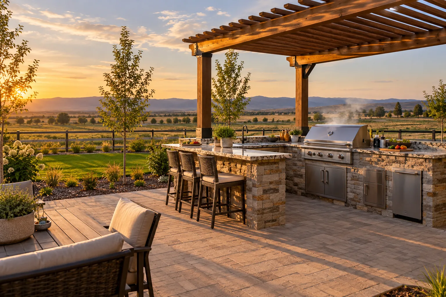 Outdoor kitchen with stone BBQ island and cedar pergola on a paver patio in a Star, Idaho backyard