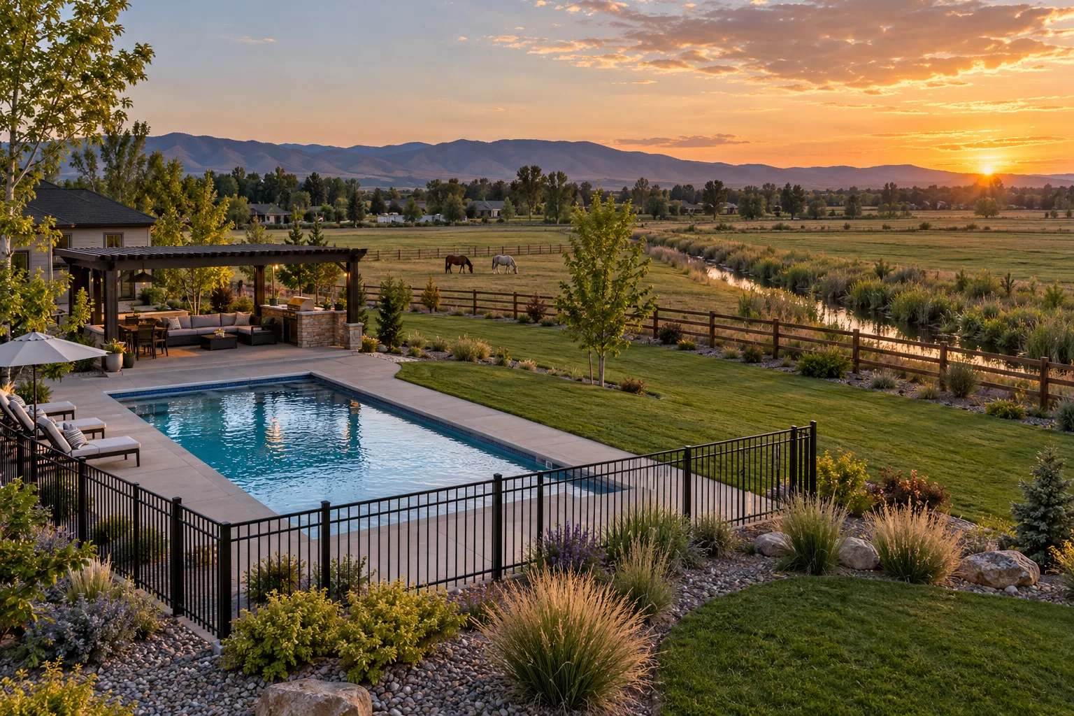 Wide view of a Star, Idaho acreage backyard with pool deck, pergola, fencing, and lawn bordering open pasture