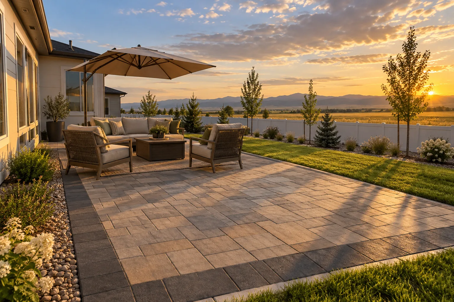 Finished paver patio behind a new home on a flat lot in Star, Idaho, with open fields and young trees beyond