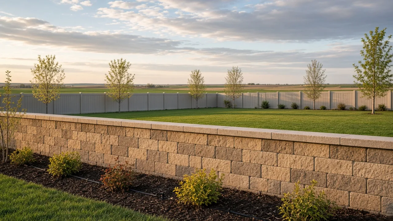 Tan segmental block retaining wall with caps holding a level lawn in a new Star, Idaho subdivision backyard