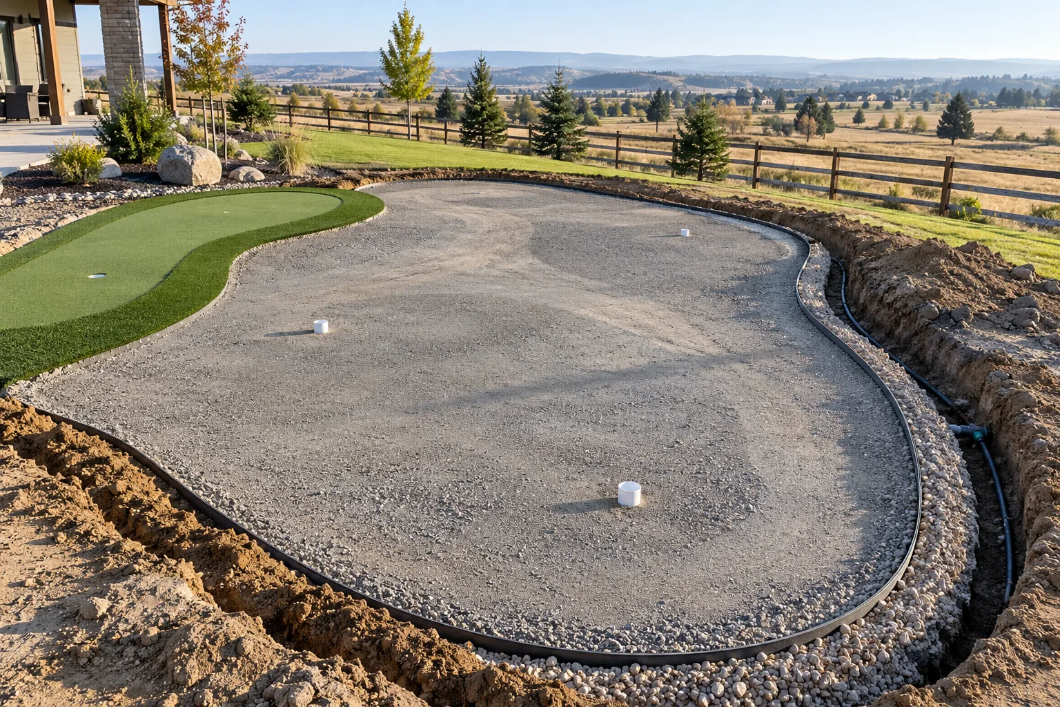 Putting green installation base and contour preparation beside rural fencing in Star, Idaho