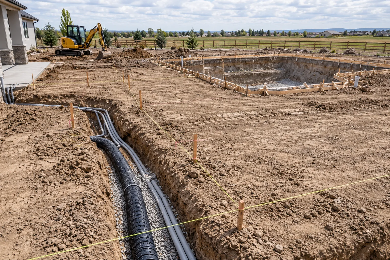 Pool site grading and utility sleeve trenching in progress beside a pool excavation in Star, Idaho