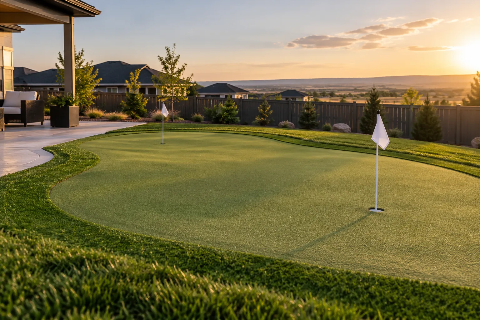 Backyard putting green installation with cups, plain flags, and fringe in an open Star, Idaho subdivision yard