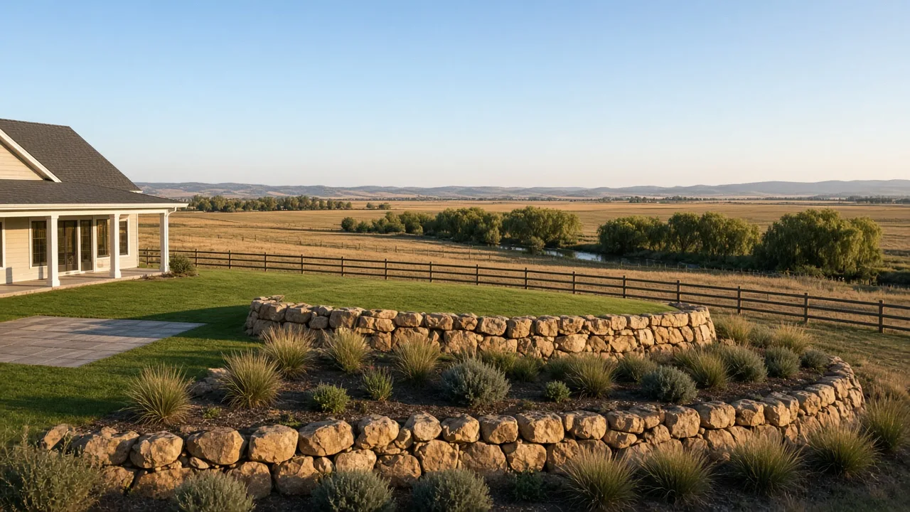 Wide view of terraced boulder retaining walls between a home yard and pasture on Star, Idaho acreage