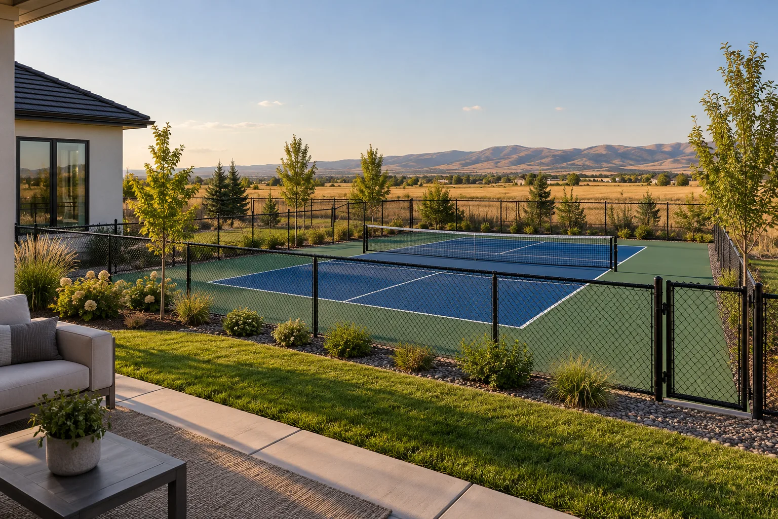 Finished backyard pickleball court with net and perimeter fencing behind a newer home in Star, Idaho