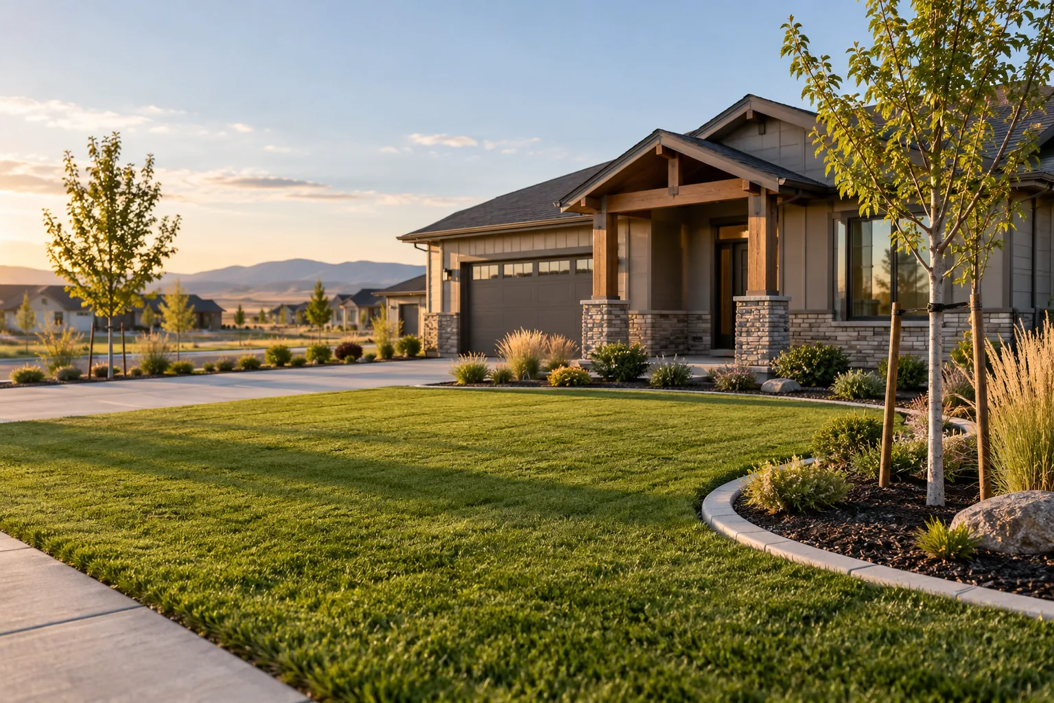 New sod lawn with curbed planting beds and staked young trees at a new construction home in Star, Idaho