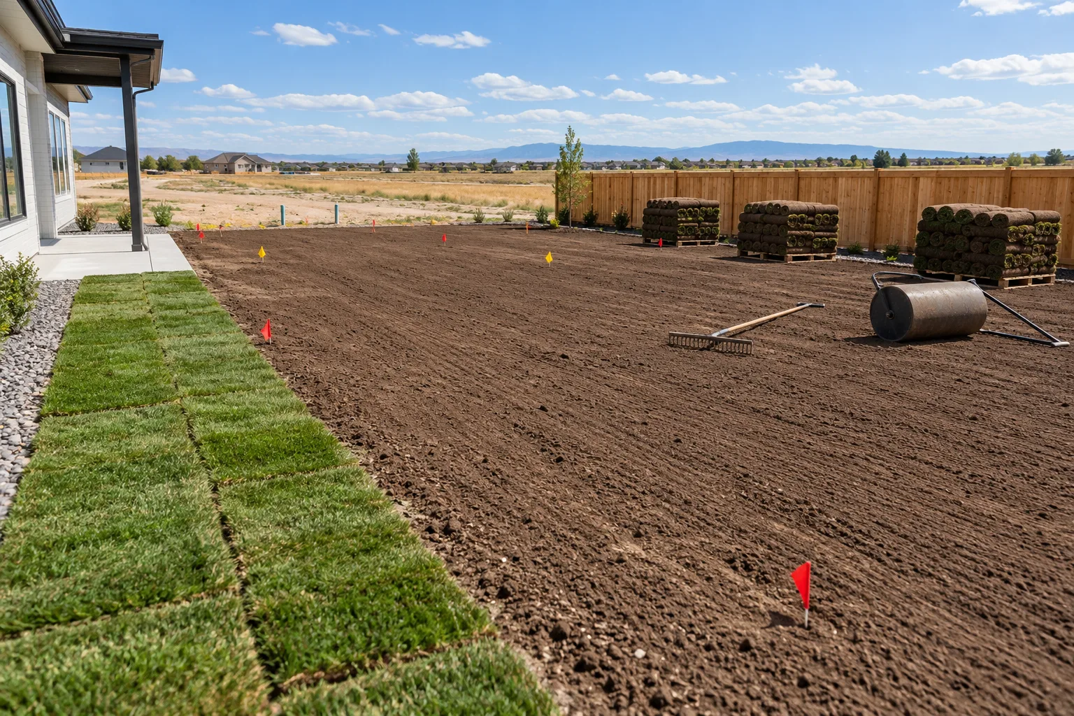 Soil preparation and finish grading with sod rolls staged for installation on a new lot in Star, Idaho