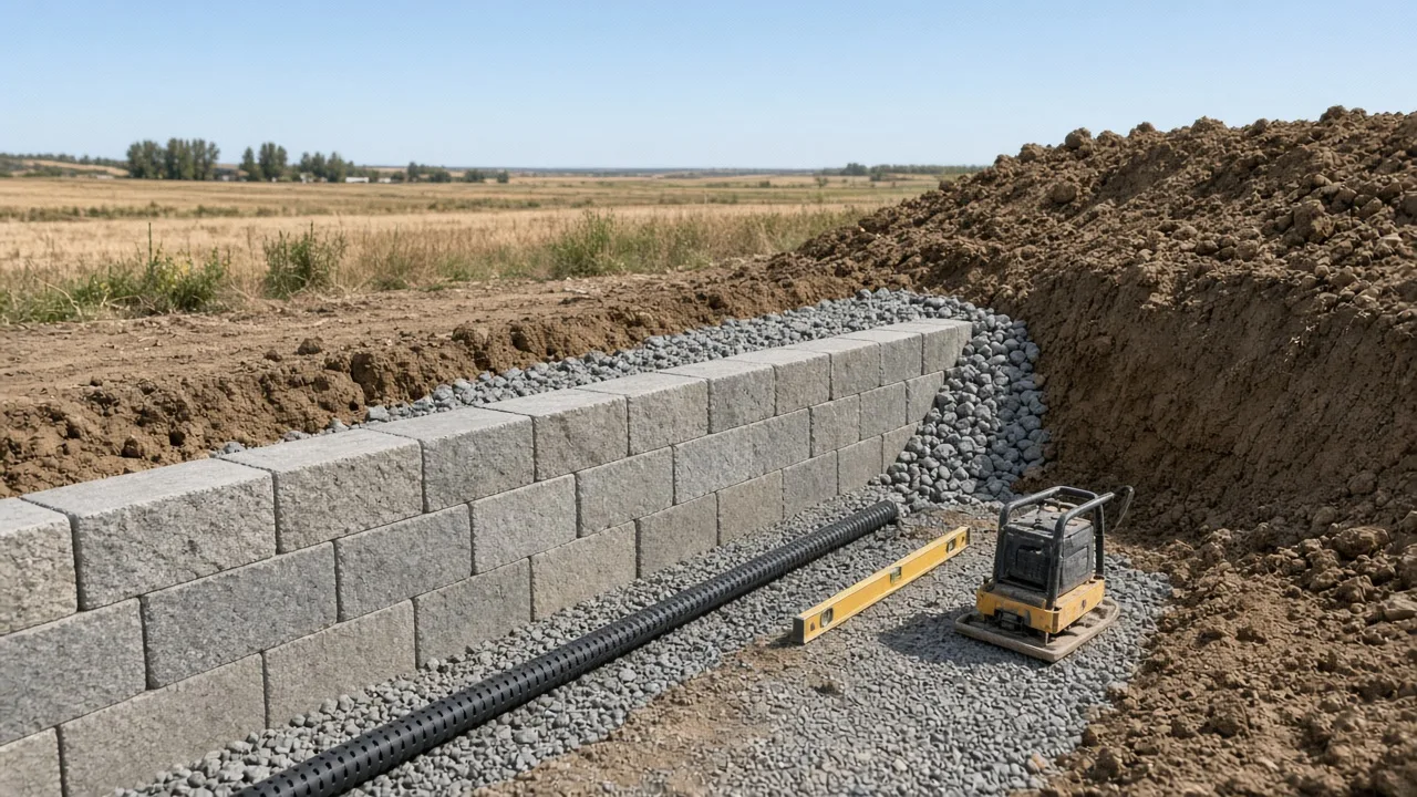 Retaining wall construction in Star, Idaho showing compacted base, first block course, drain rock, and perforated drain pipe