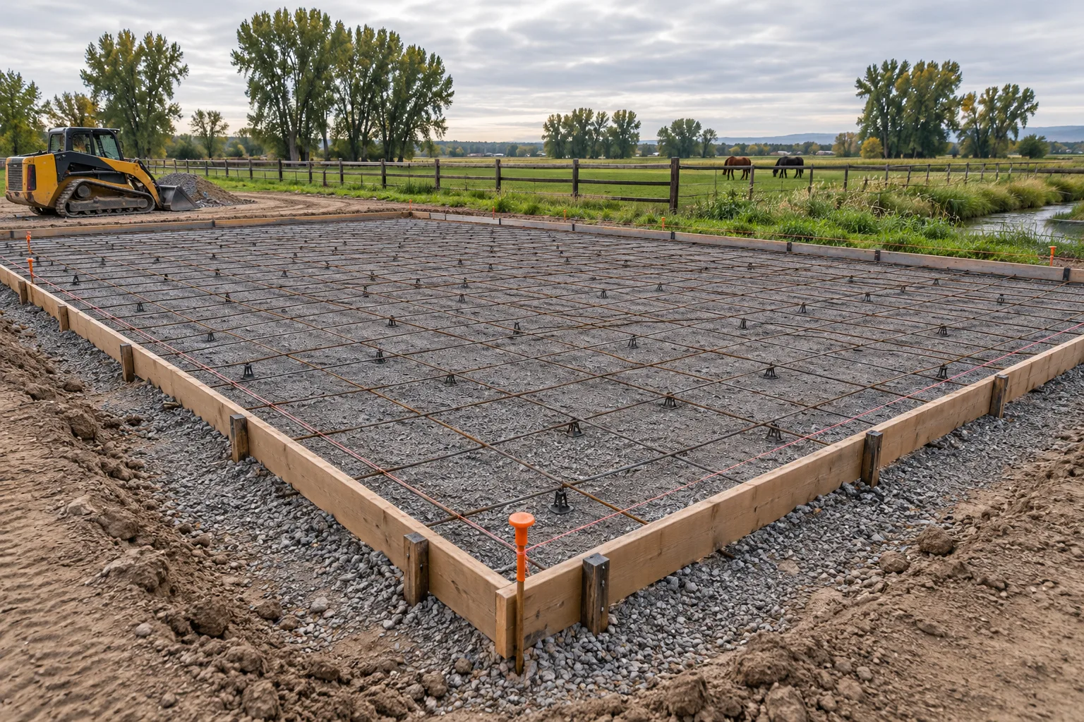 Sport court base under construction with compacted gravel and rebar on acreage in Star, Idaho