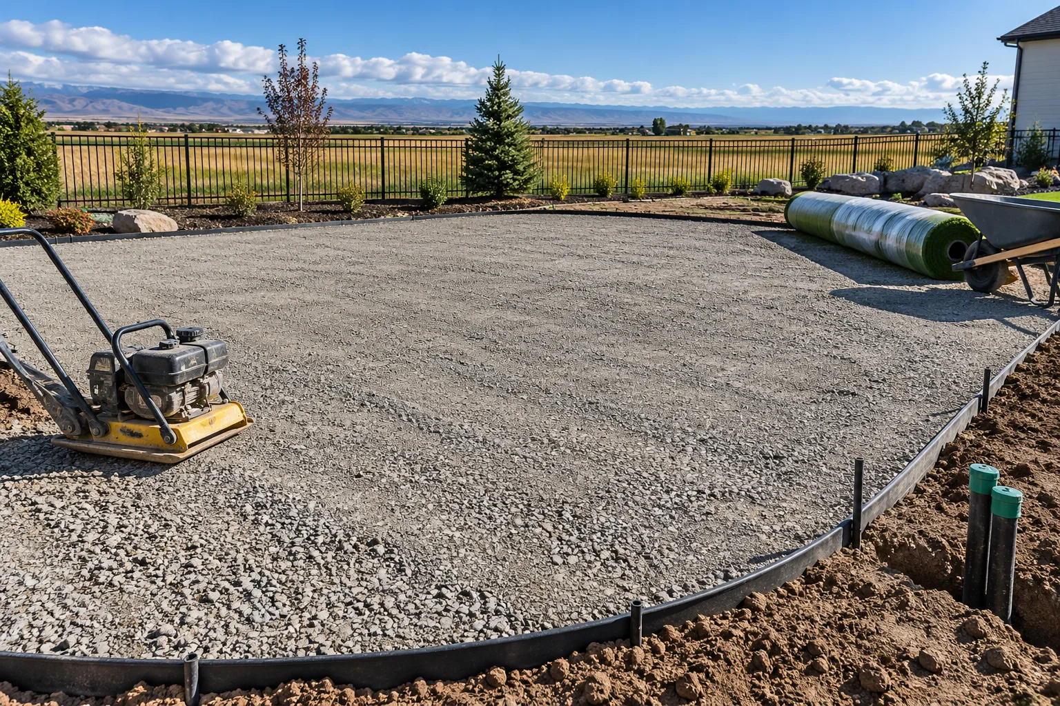Compacted drainable aggregate base and edging prepared for artificial turf installation in Star, Idaho