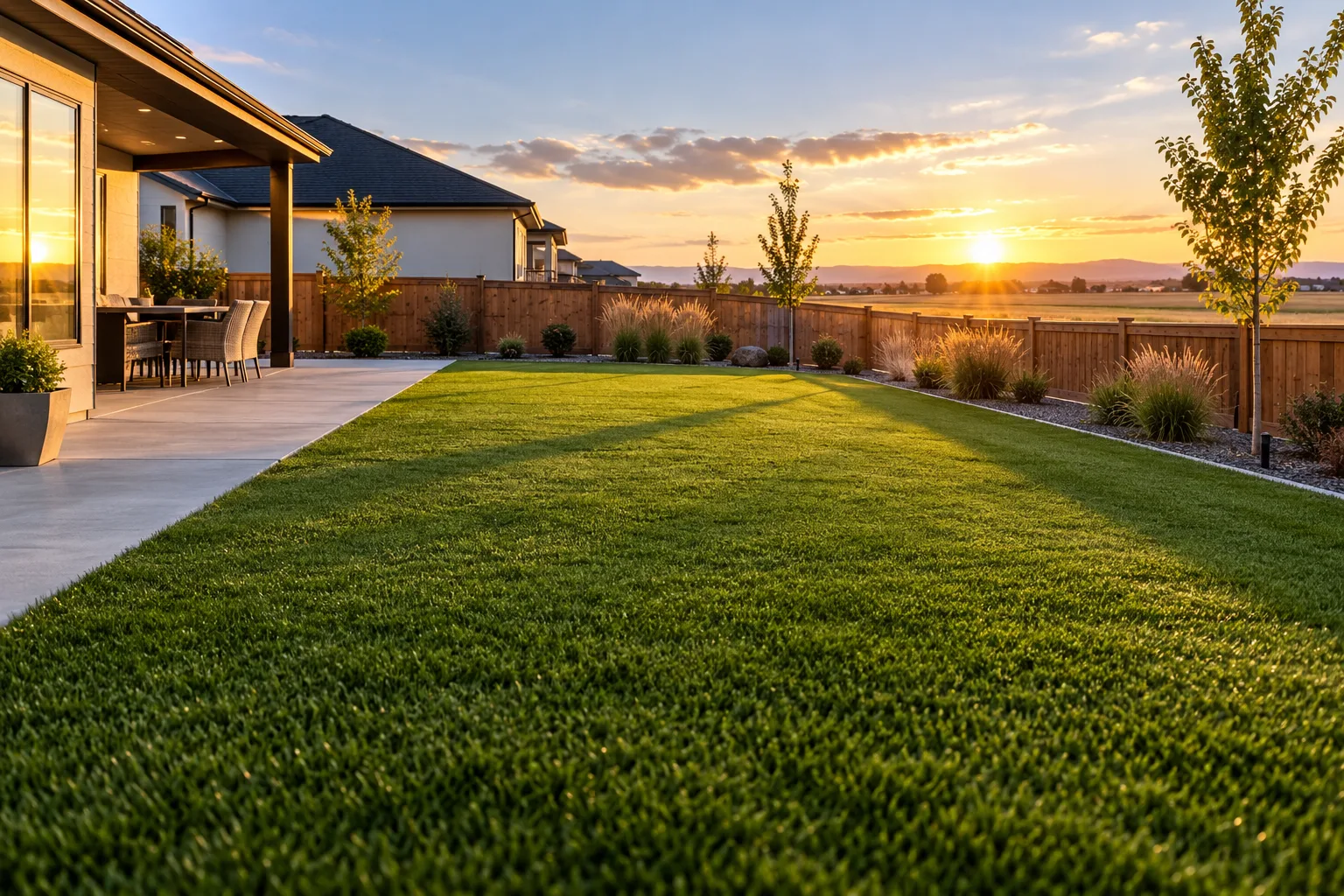 Finished artificial turf backyard lawn with clean edging at a new home in Star, Idaho
