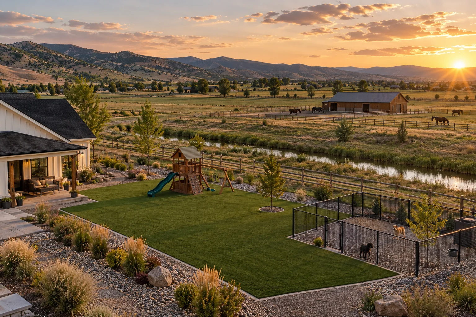 Wide view of an artificial turf dog run and play area on an acreage property in Star, Idaho