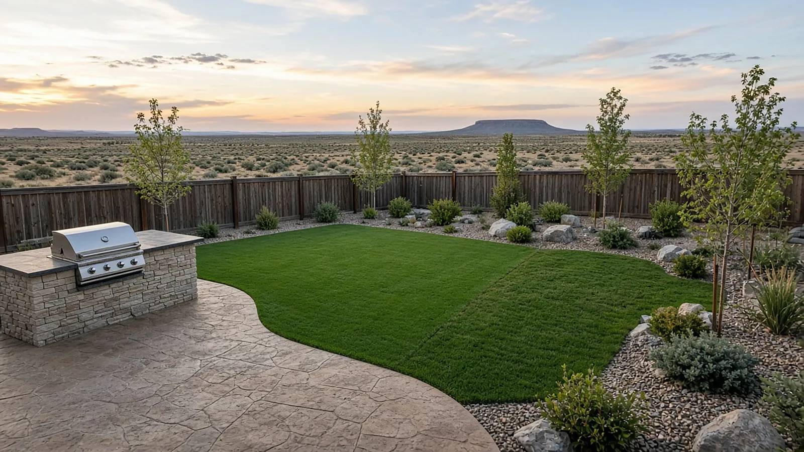 Wide view of a full backyard renovation in Kuna, Idaho with outdoor kitchen, artificial turf, lawn, and xeriscape beds