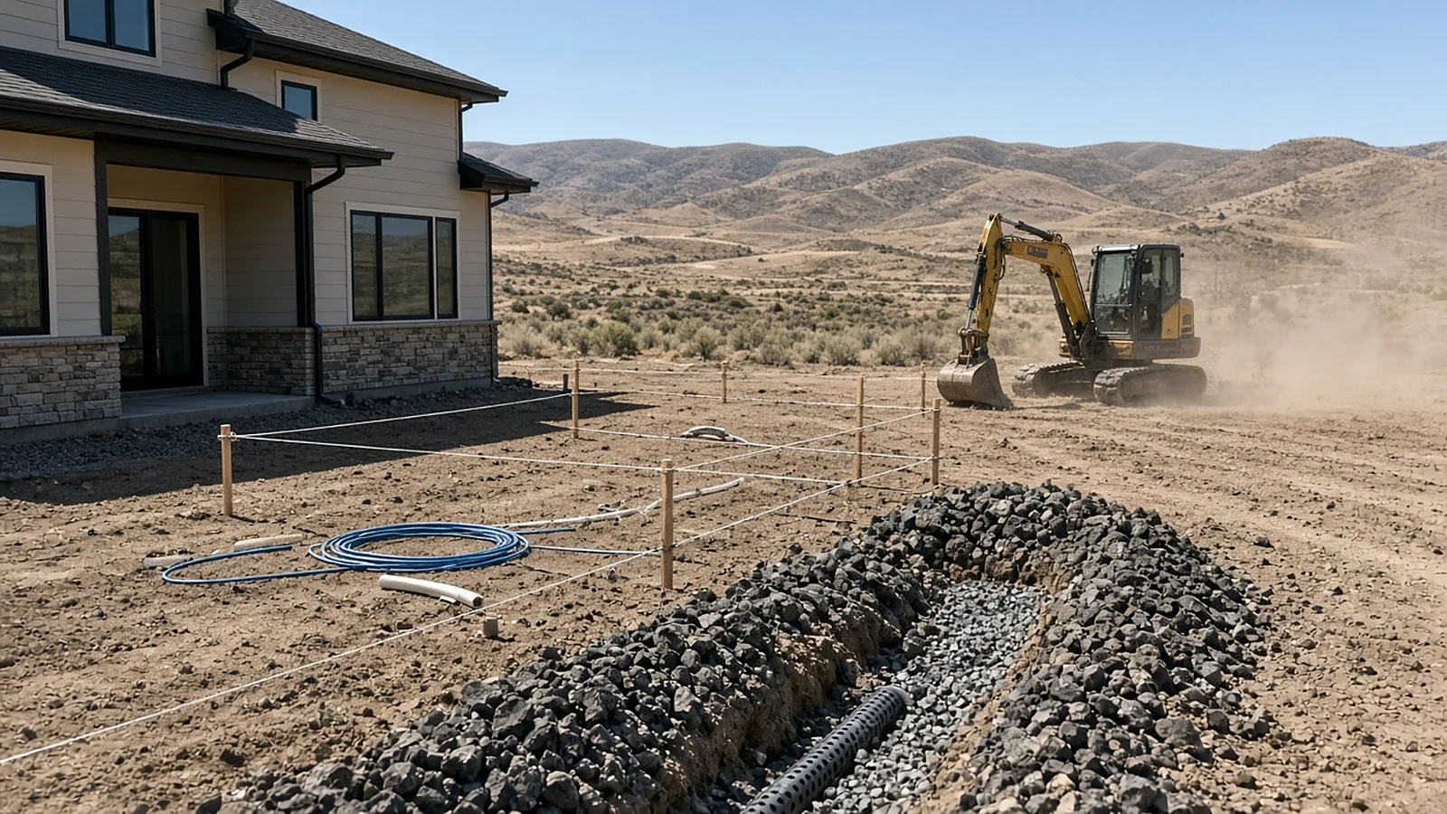 Backyard renovation in progress in Kuna, Idaho showing graded soil, drainage trench, and irrigation lines over rocky ground