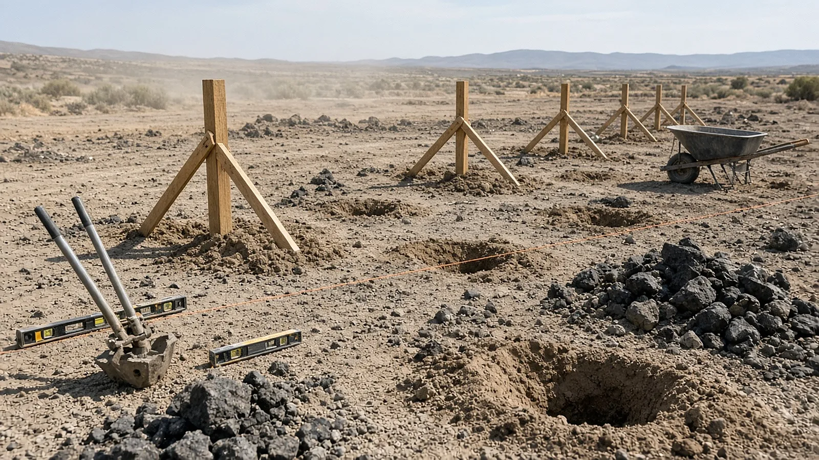 Fence post installation in rocky basalt soil during fence installation in Kuna, Idaho, with string line and set posts