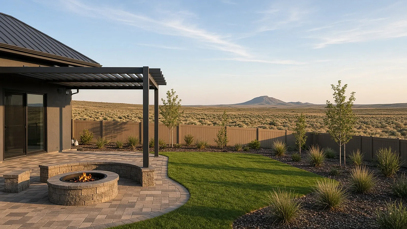Renovated backyard in Kuna, Idaho with paver patio, fire pit, pergola, and new lawn sheltered by a privacy fence