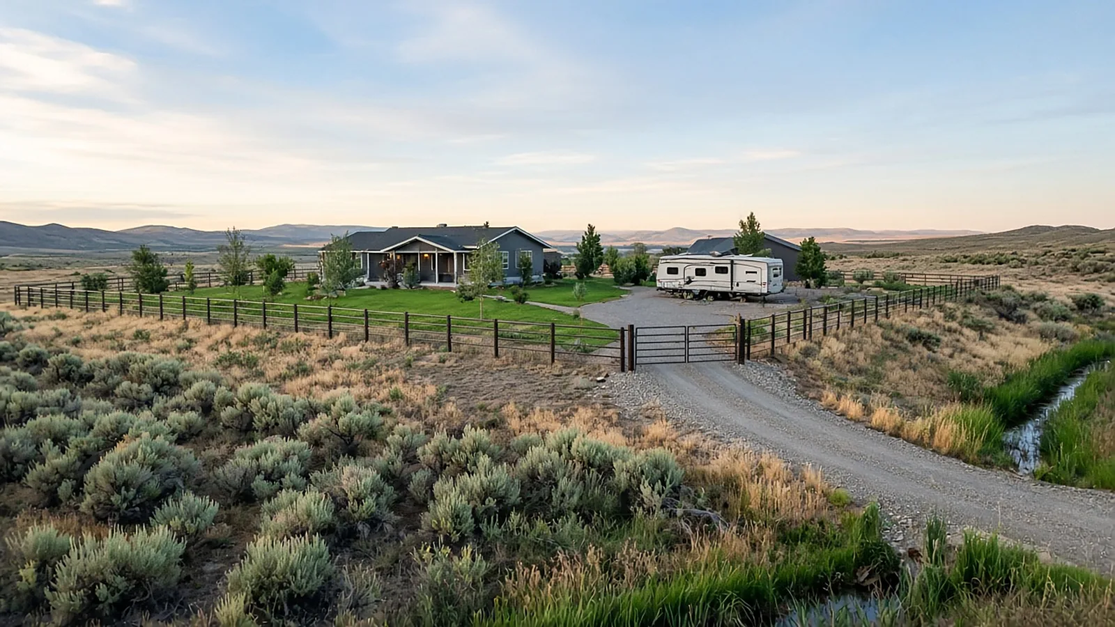 Acreage perimeter fence and wide RV gate from a fence installation in Kuna, Idaho, with a gravel drive and open desert