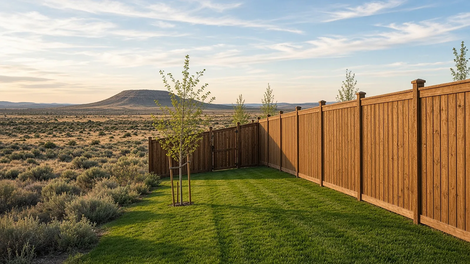 New privacy fence installation along a Kuna, Idaho backyard with open high-desert fields and Kuna Butte beyond