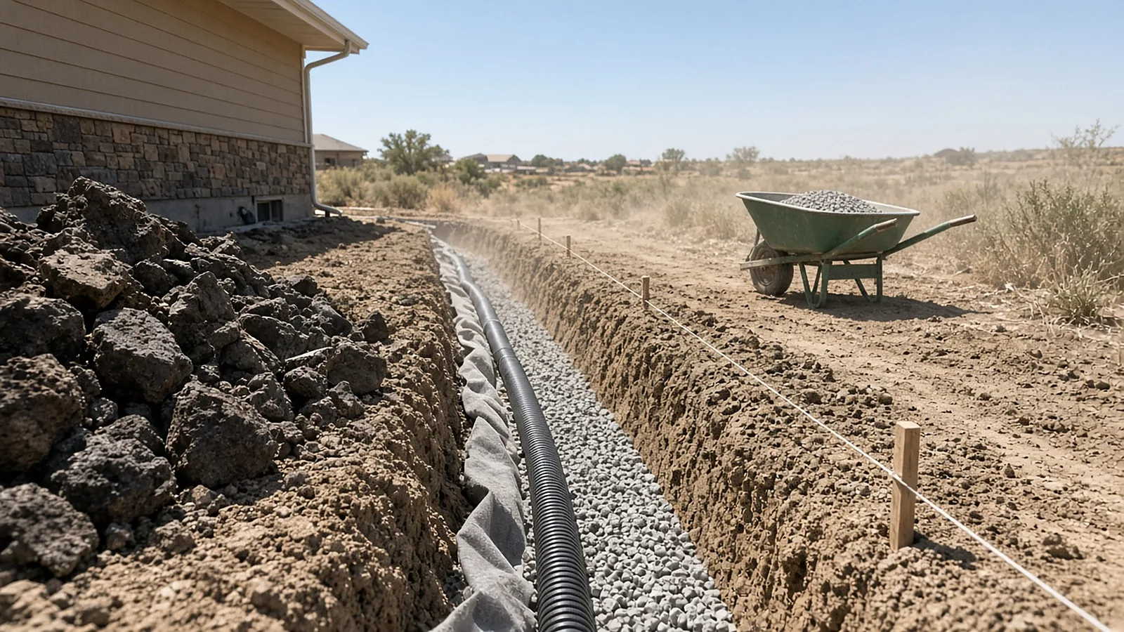 French drain trench with perforated pipe and drain rock cut through rocky soil in a Kuna, Idaho yard