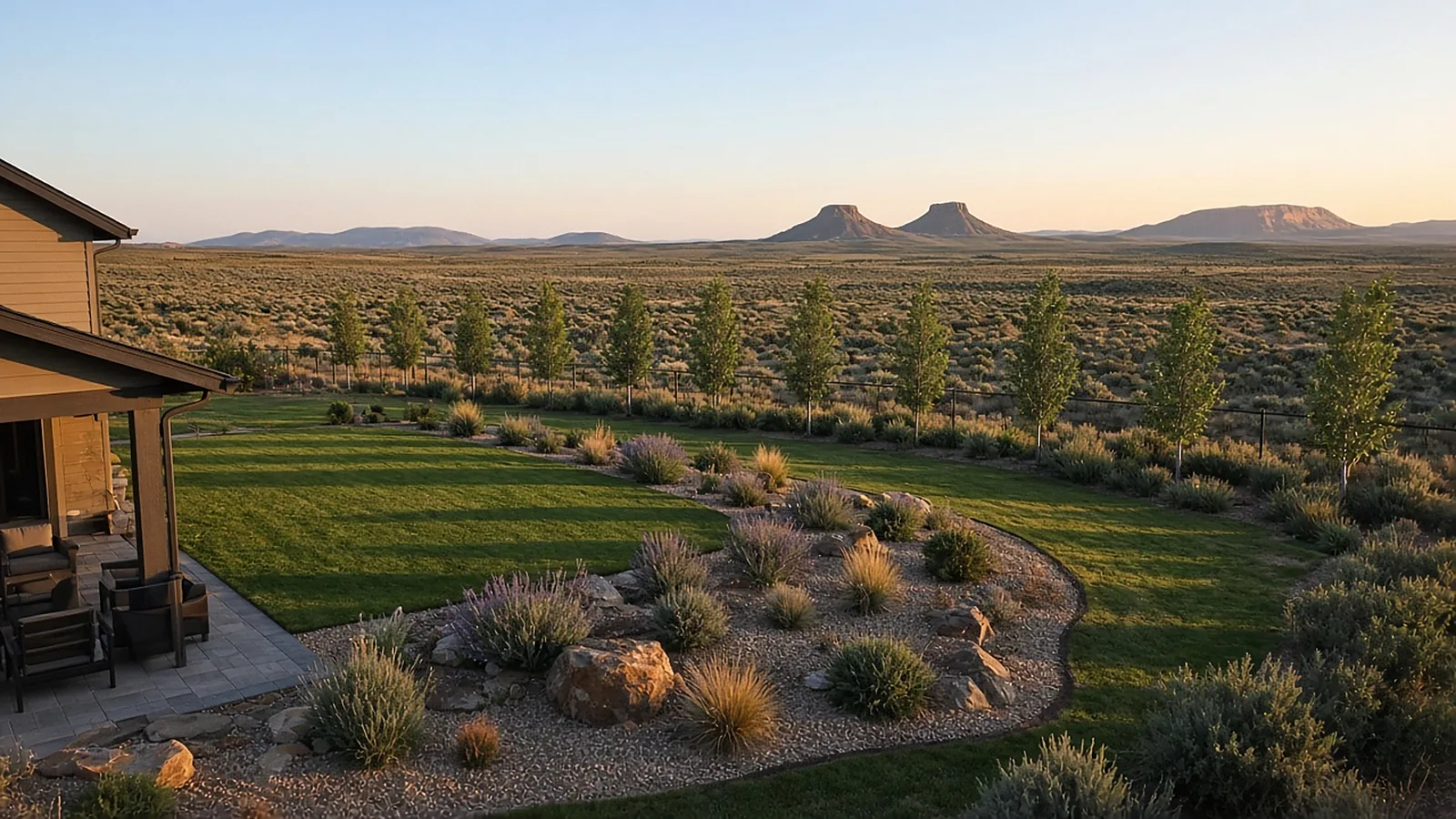 Wide view of a finished Kuna, Idaho backyard with lawn, xeriscape beds, decorative rock, and windbreak trees