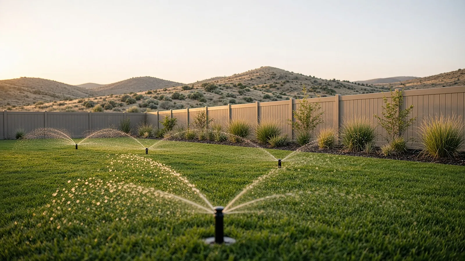Rotor irrigation watering a green lawn with low-angle spray in a new Kuna, Idaho subdivision backyard