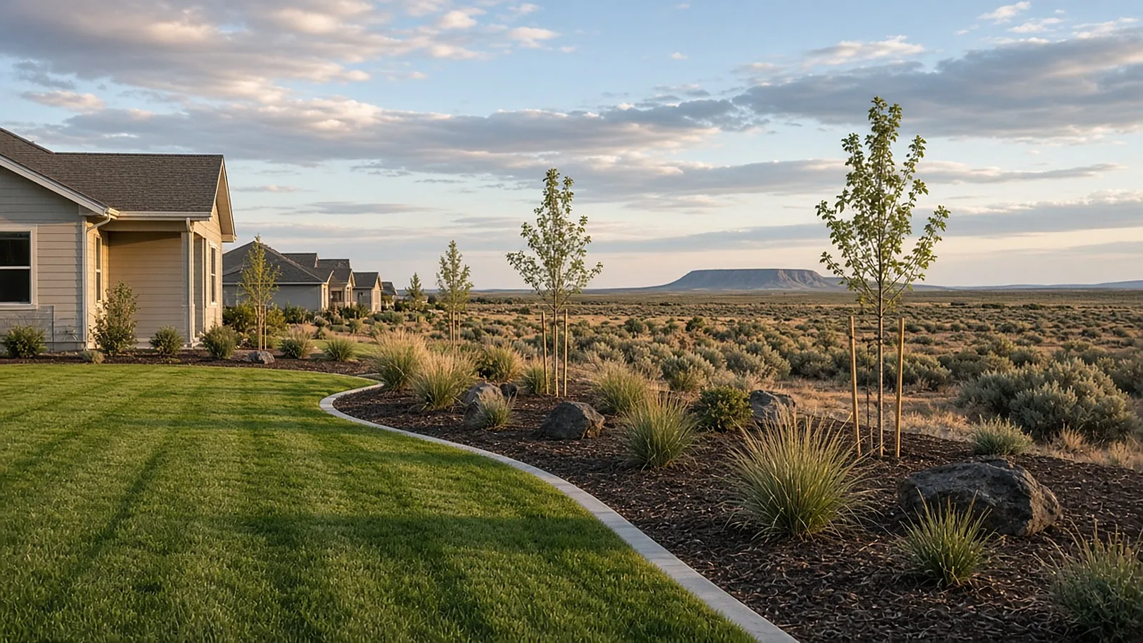 Finished landscaping and sod installation on a new home in Kuna, Idaho with curbing, mulch beds, and young trees
