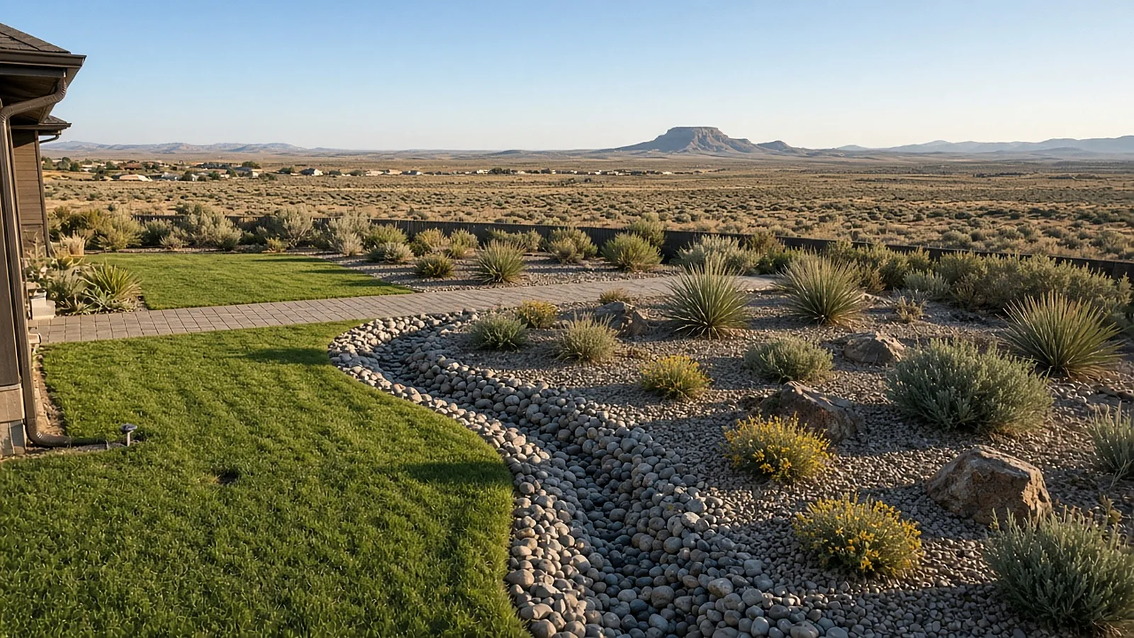 Wide view of a finished Kuna, Idaho backyard with drip-irrigated beds, lawn, and a graded rock swale